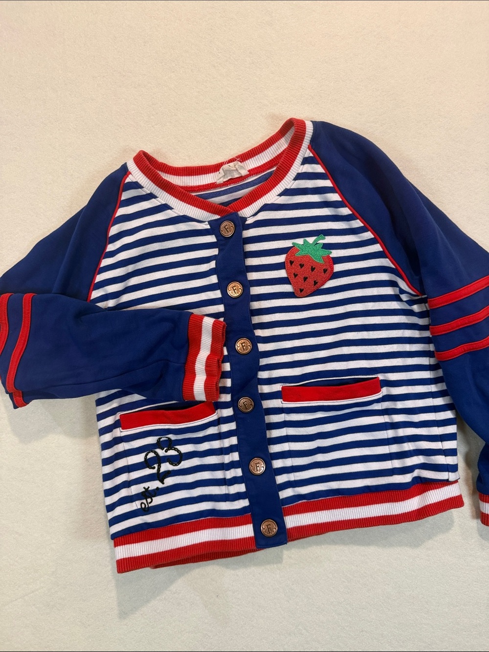Finding Foxtale Girls Varsity Bomber Jacket Sz 10 Navy Red Strawberry ZZ